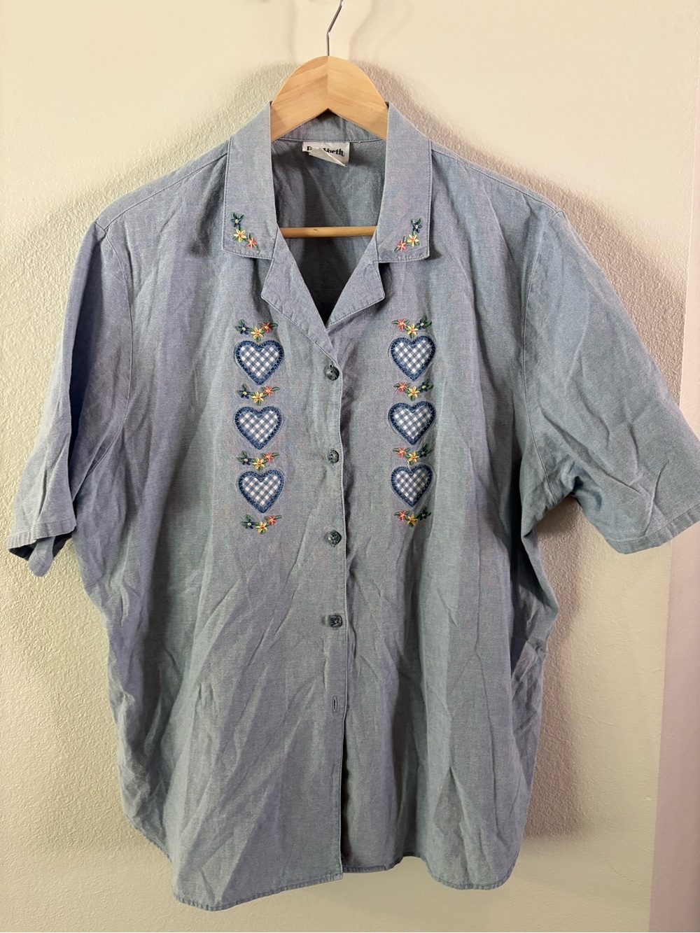 Vintage Bon Worth Cotton Embroidered Heart Chambray Short-Sleeve Shirt L
